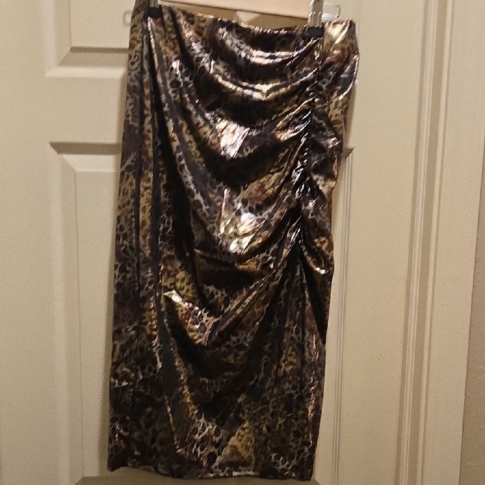 Ashley Stweart Foil Metallic Leopard Print Side Ruched Slit Skirt 10/12